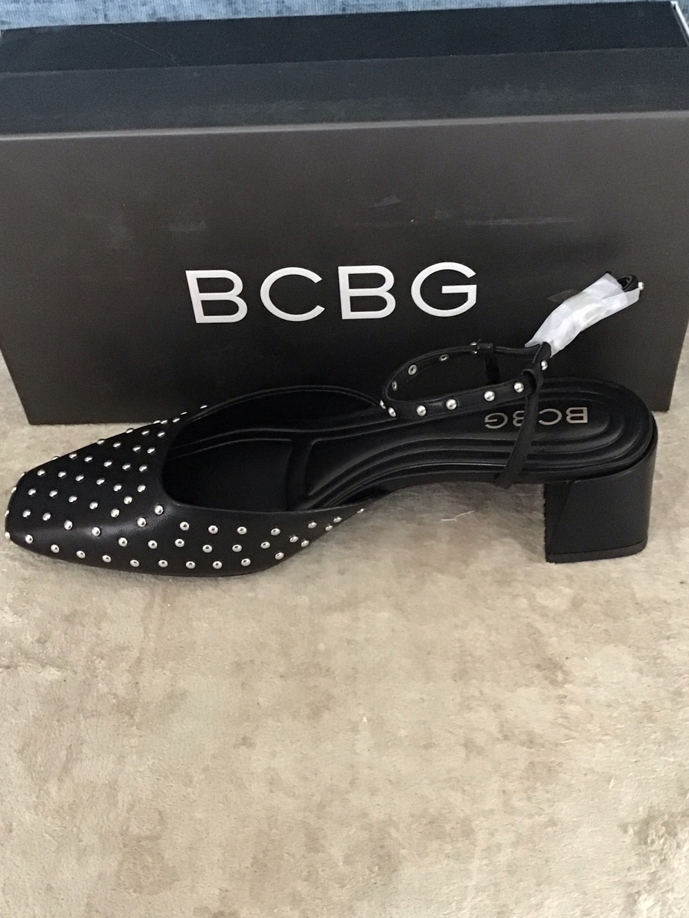BCBG Queenie Black Studded Slingback Block Heel